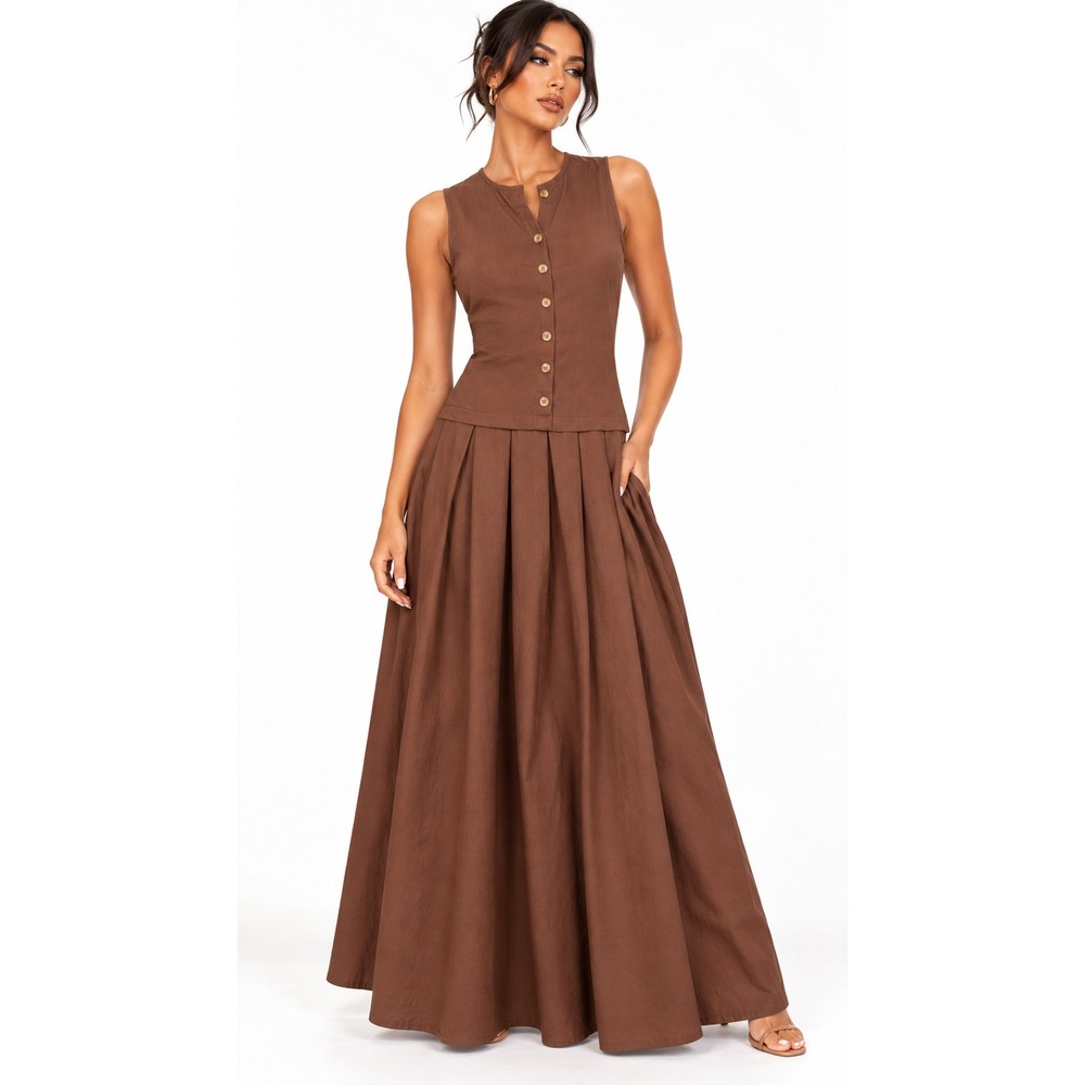 PrettyLittleThing Brown Cotton Linen Sleeveless Button Down Maxi Dress US 10